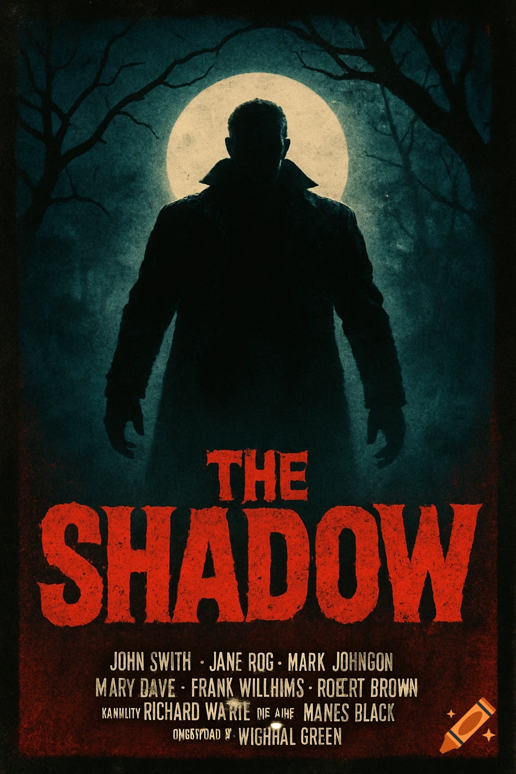 A vintage horror movie poster featuring a dark silhouette of a man in a trench coat against a bright full moon and bare trees, with the title 'THE SHADOW' in bold red text.