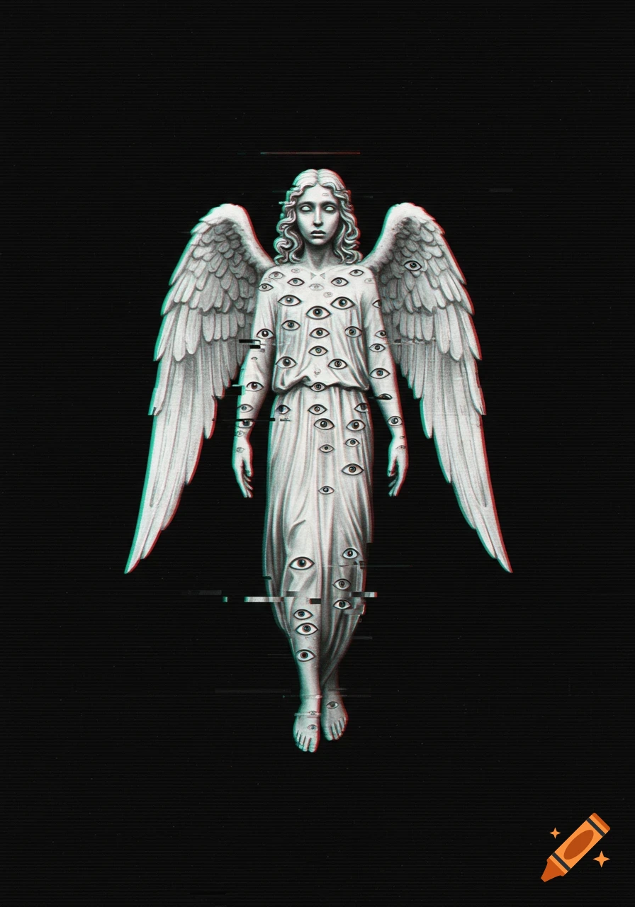 A multi-eyed angel statue with large wings, depicted in a monochrome glitch art style with chromatic aberration, against a black background.