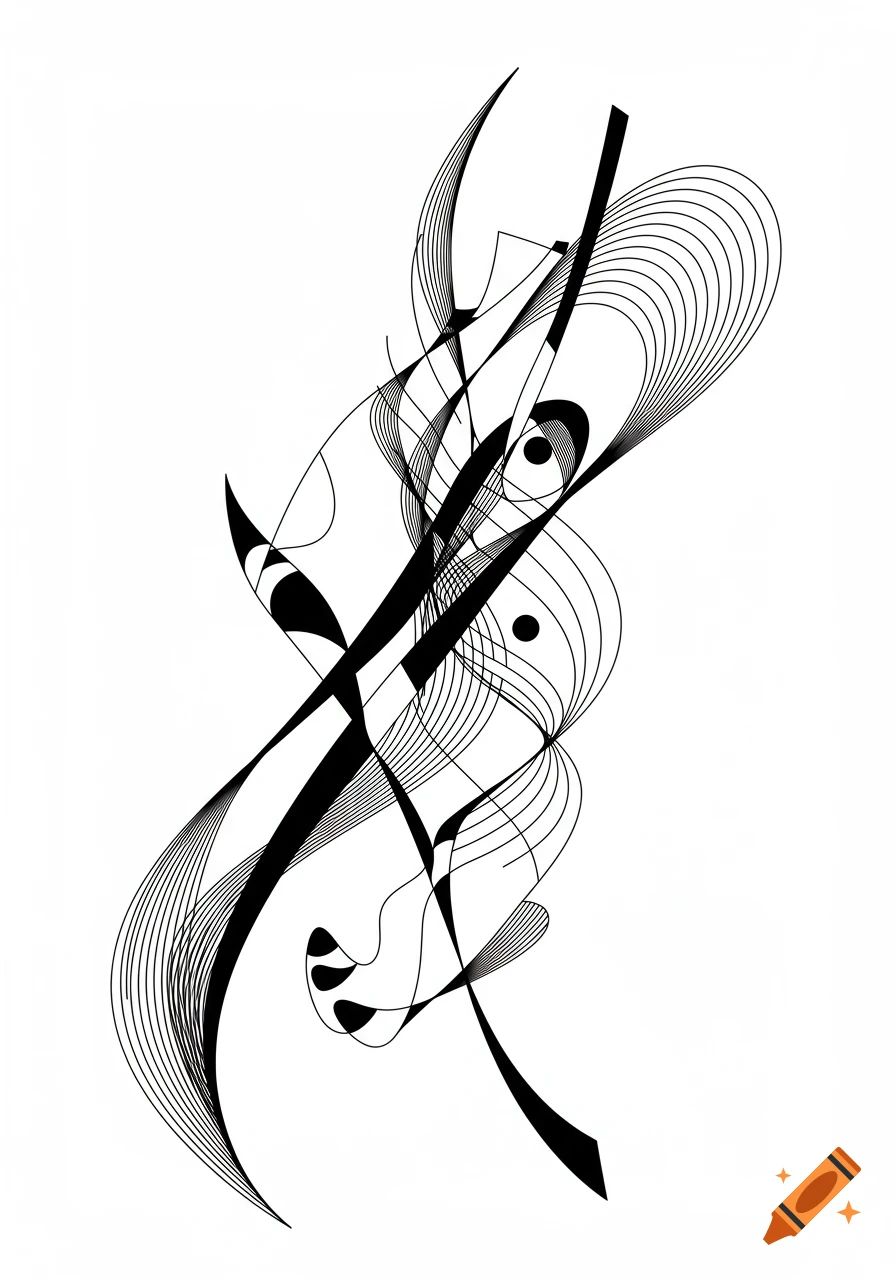 An abstract black and white line drawing featuring intersecting curved and straight lines, with some filled-in shapes and concentric circles.