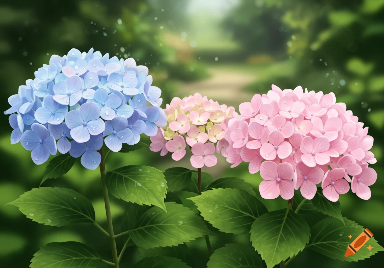 Three hydrangeas, one blue, one light pink, and one pink, covered in water droplets in a lush green garden.