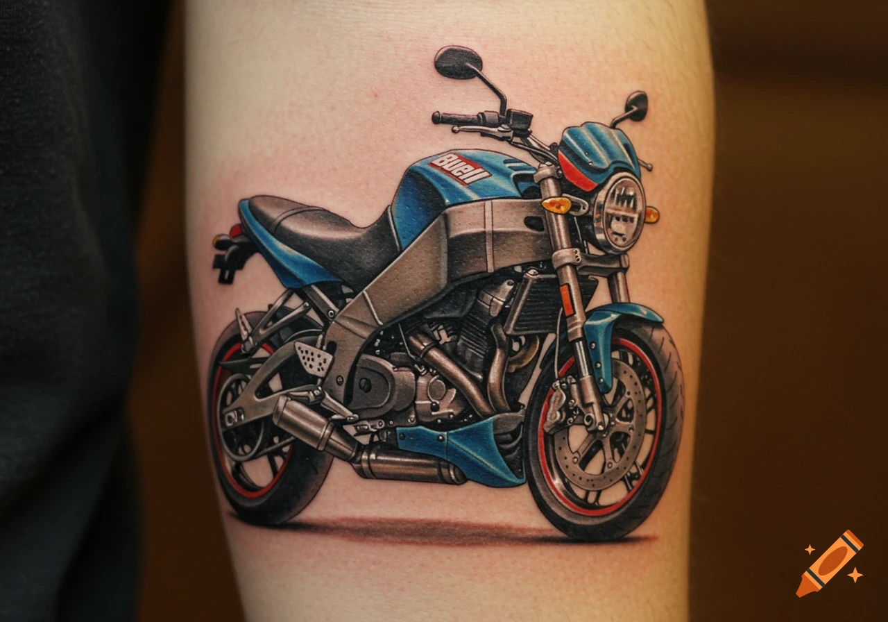 A detailed, colorful tattoo of a blue and grey Buell Firebolt motorcycle on a person's leg.