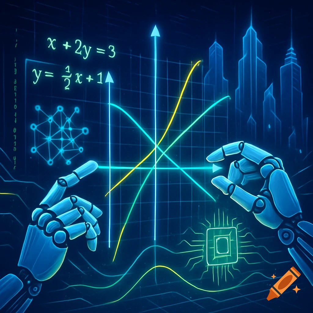 Two robotic hands interact with a glowing holographic display featuring math equations, graphs, and futuristic city outlines.