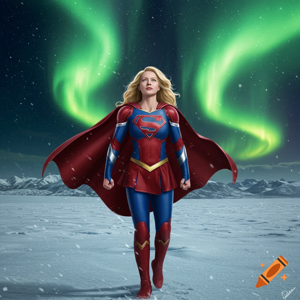 Photorealistic Supergirl walks through a snowy landscape under vibrant green Northern Lights.