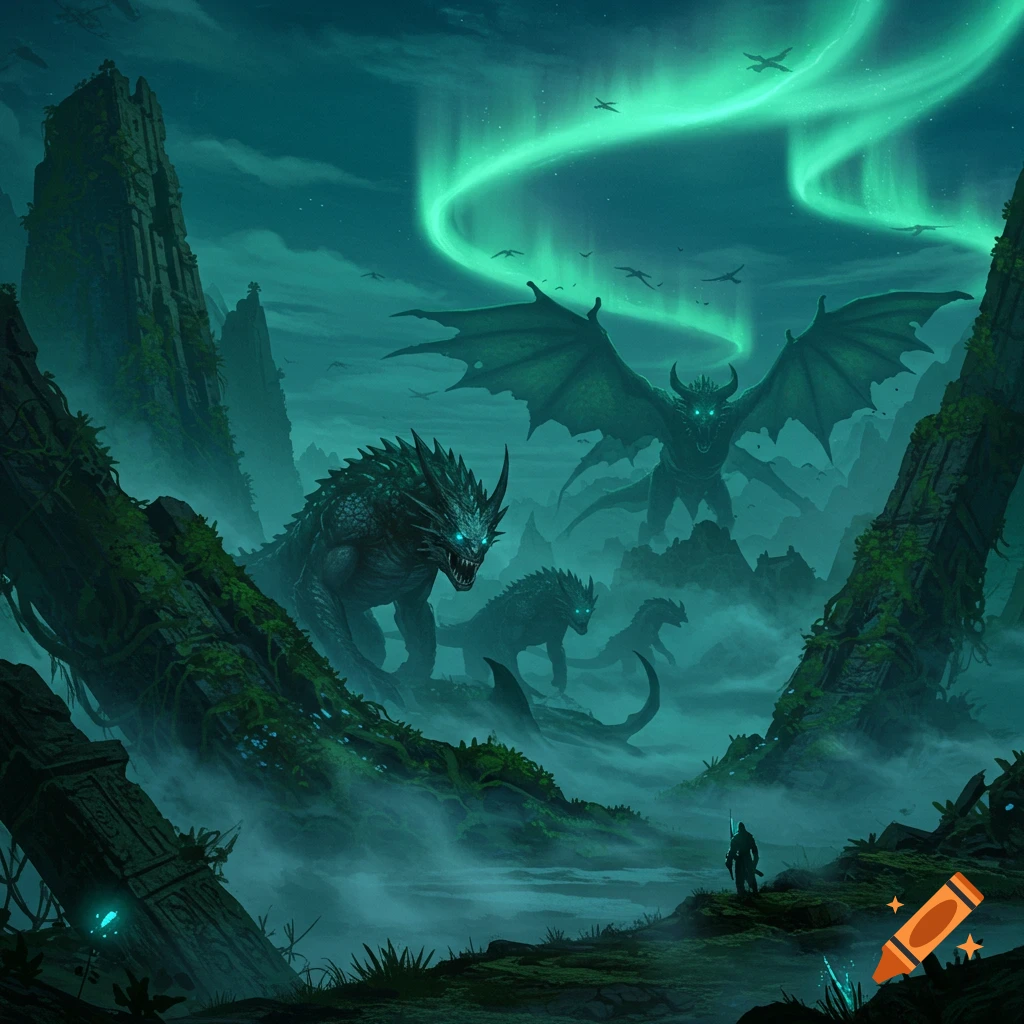 Digital art of a dark, foggy fantasy landscape with large reptilian and winged monsters, a lone figure, and green aurora.