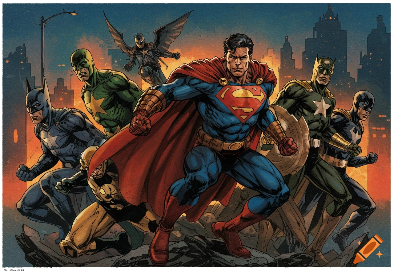 Group of muscular superheroes, including Superman and Batman lookalikes, pose heroically against a cityscape at dusk in a comic book art style.