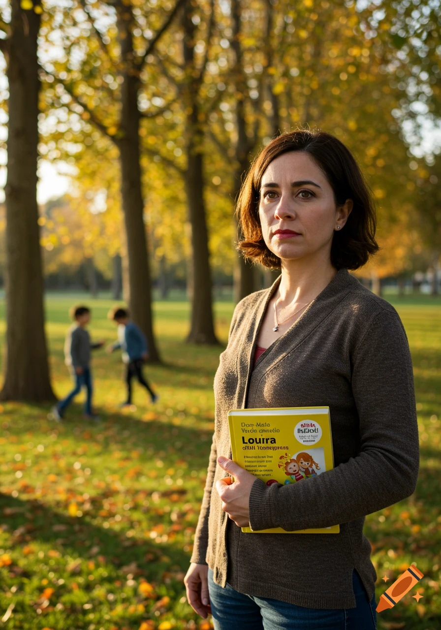 Photorealistic portrait of a woman holding a book in a sunlit autumn park, with two children playing in the background.