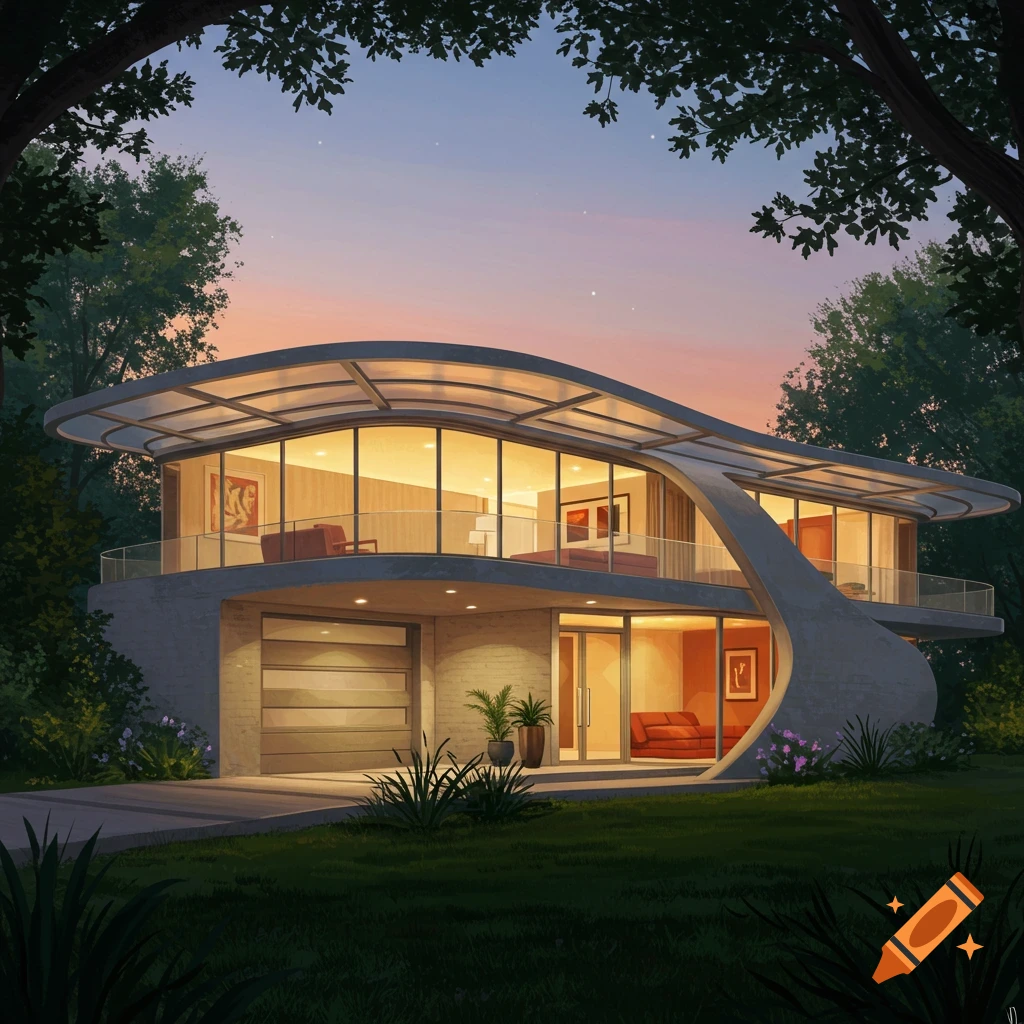 A modern, curvilinear house with large glass windows, illuminated from within, at dusk, surrounded by lush trees.