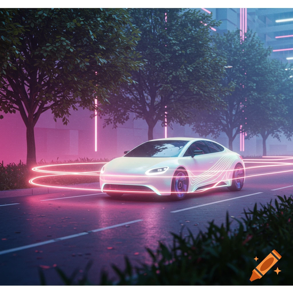 A sleek white futuristic car with neon pink light trails on a wet city street at night, with glowing trees and buildings.
