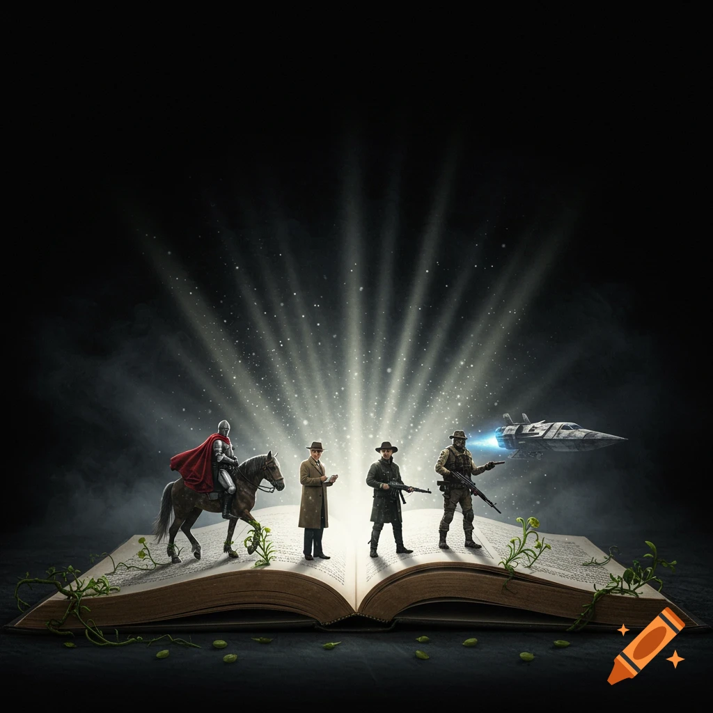 A knight on horseback, a detective, a marauder, and a spaceship emerge from the glowing pages of a large open book.
