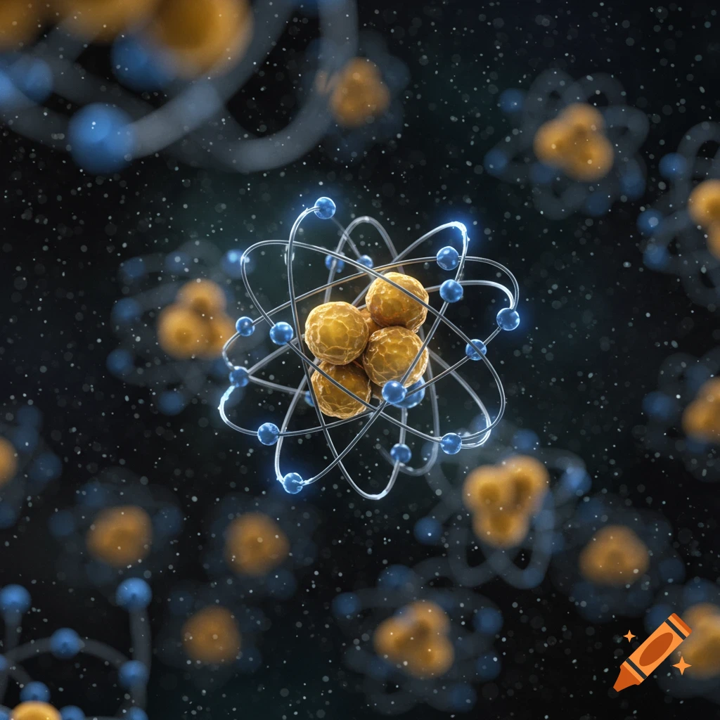 3D rendering of multiple atoms with a central atom featuring a golden nucleus and glowing blue electrons orbiting against a dark, starry background.