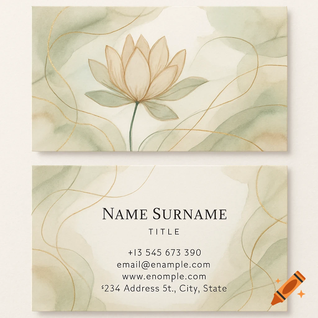 Double-sided business card with a watercolor lotus flower, green and gold accents, and placeholder contact information.