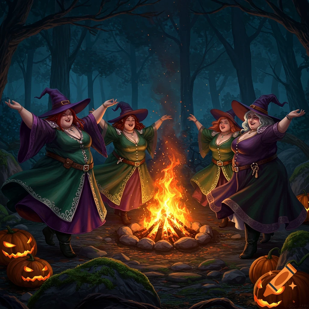 Four smiling plus-size witches in colorful dresses and hats dance around a  roaring campfire in a dark forest with jack-o'-lanterns. on Craiyon, image size:1024x1024