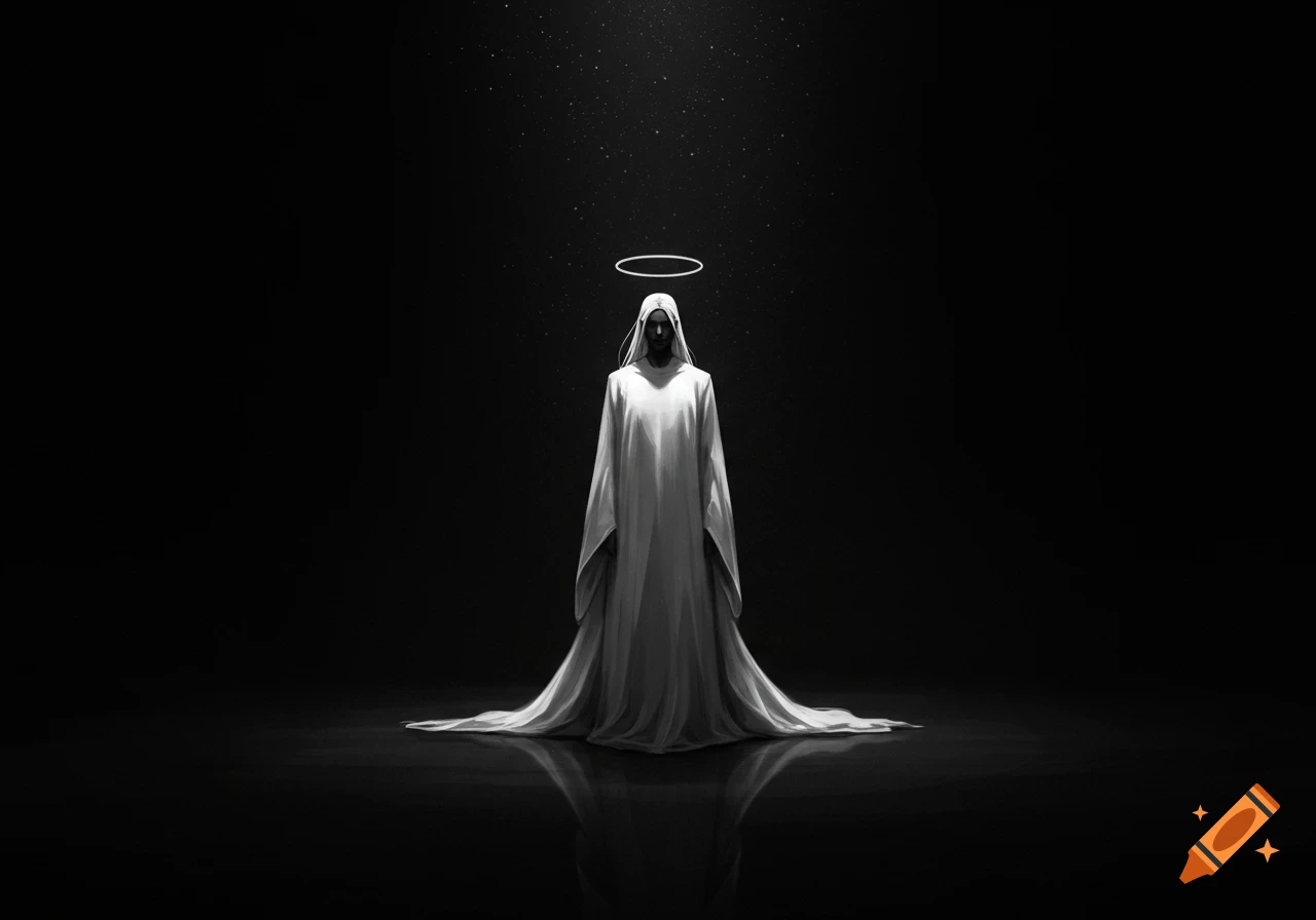 A hooded, robed figure with a halo stands in a dark, starry void, depicted in a black and white, somber style.