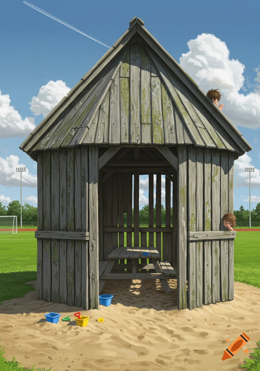 An illustration of a weathered wooden pavilion on a sandy patch at a green sports field. Children peek from the pavilion, with sand toys on the ground.