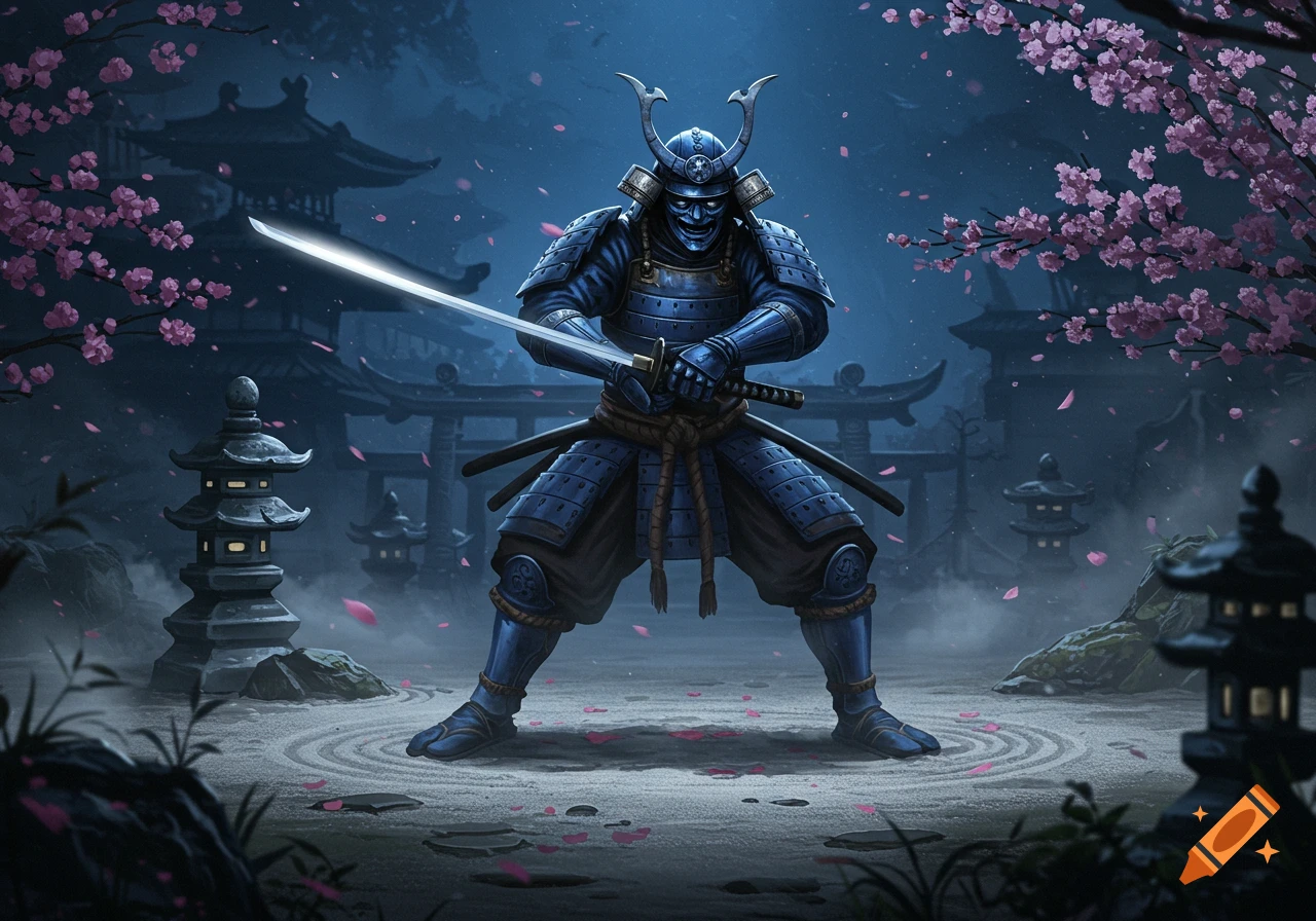 A blue samurai in full armor with a glowing katana stands in a moonlit Japanese garden with cherry blossoms and pagodas.