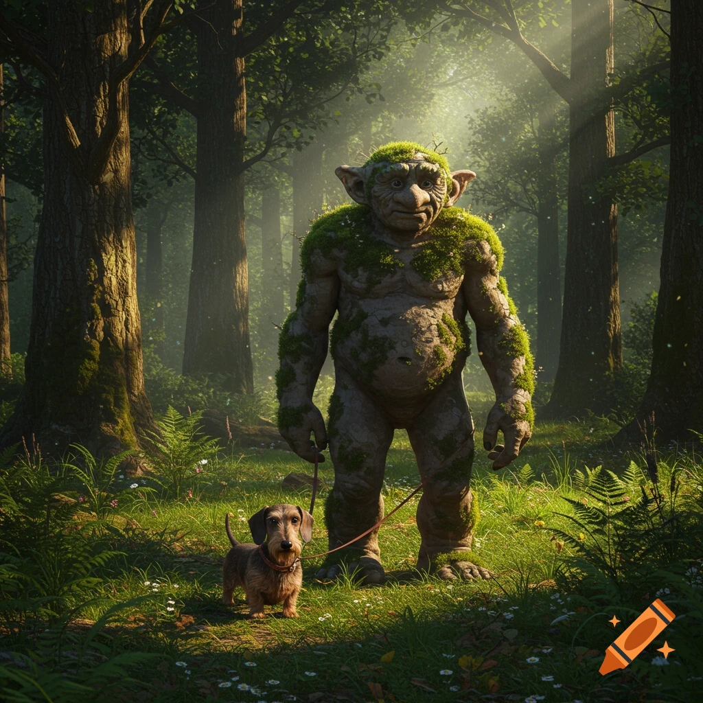 A moss-covered troll with large ears walks a small wire-haired dachshund on a leash through a sunlit, lush green forest.