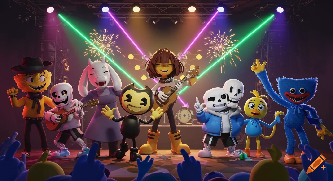 A colorful 3D rendering of various animated and video game characters performing at a concert with laser lights and fireworks.
