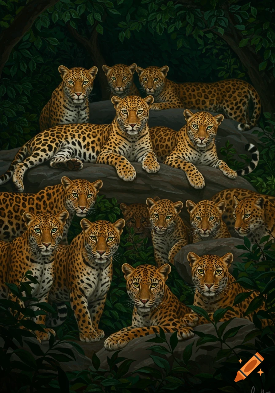 Painting of many leopards with green eyes resting and looking out from among dark jungle foliage and rocks.
