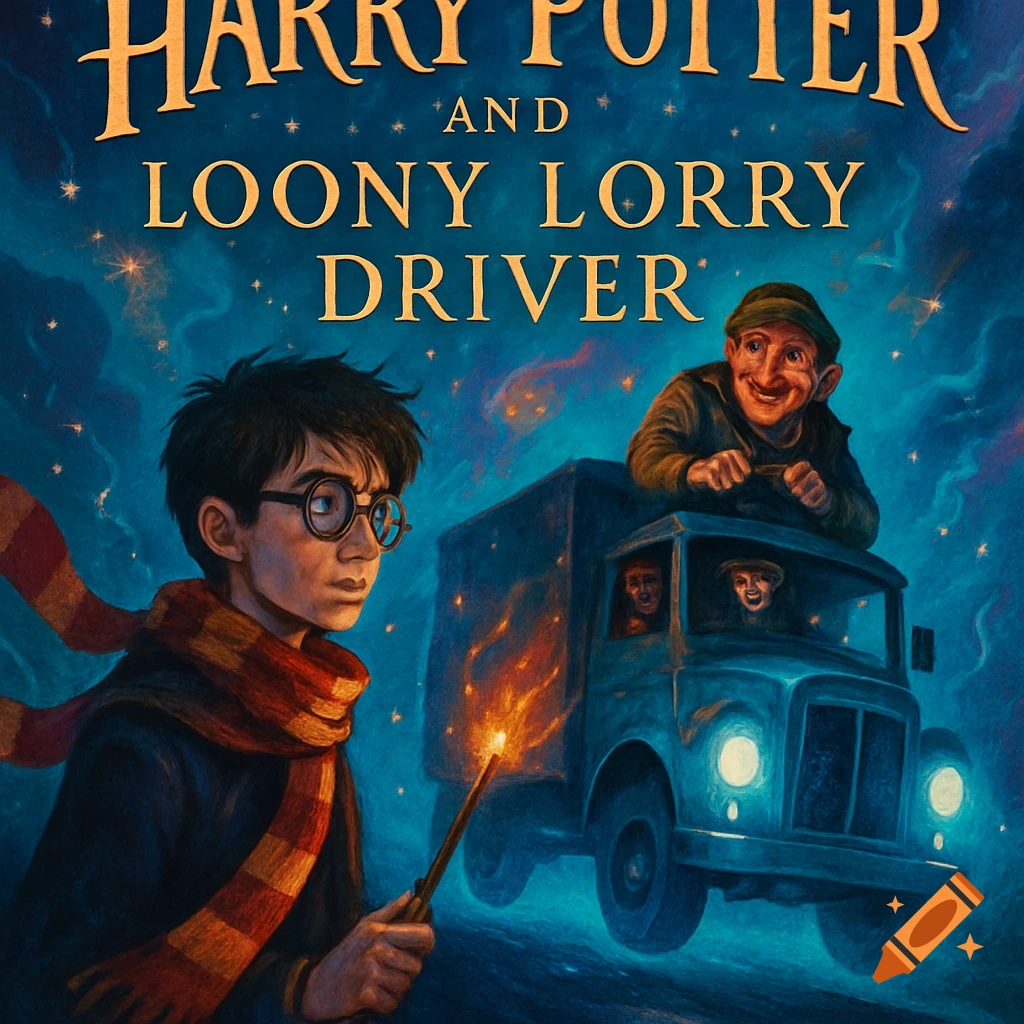 Illustration of Harry Potter holding a glowing wand at night, beside a truck with a grinning driver, against a starry sky.