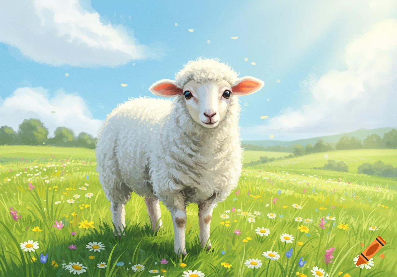A white lamb stands in a vibrant green meadow with colorful wildflowers under a bright blue sky, in an idyllic illustration.
