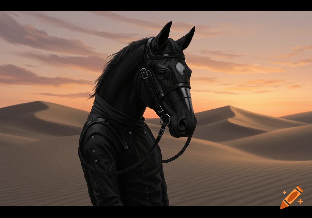 A dark, horse-headed figure wearing a black jacket stands in a vast desert landscape at sunset, digital painting.