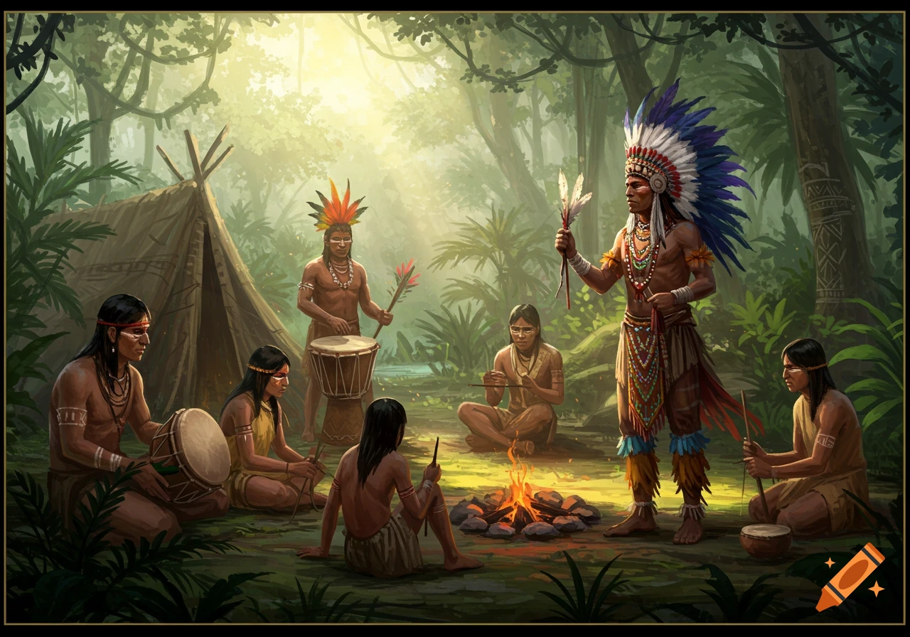 A group of indigenous people in traditional attire gathered around a campfire in a lush forest, one wearing a feathered headdress, in a detailed illustrative style.