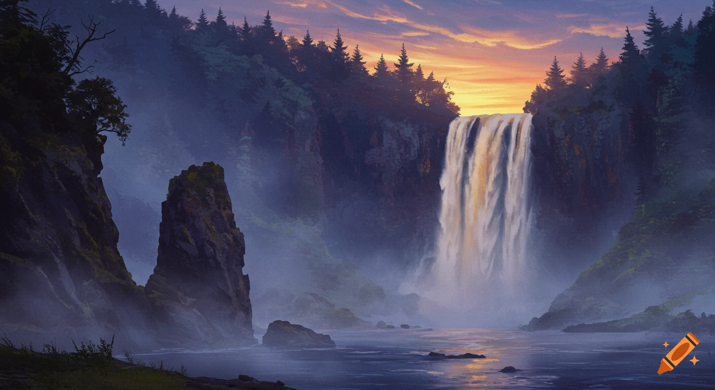 A dramatic, painterly landscape of a large waterfall cascading into a misty valley at dusk, with rugged cliffs and a colorful sunset sky.