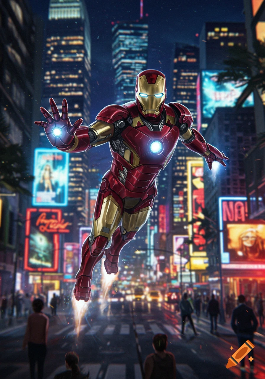 Iron Man in his red and gold suit flies with glowing repulsor rays over a bustling city street at night, illuminated by neon signs.