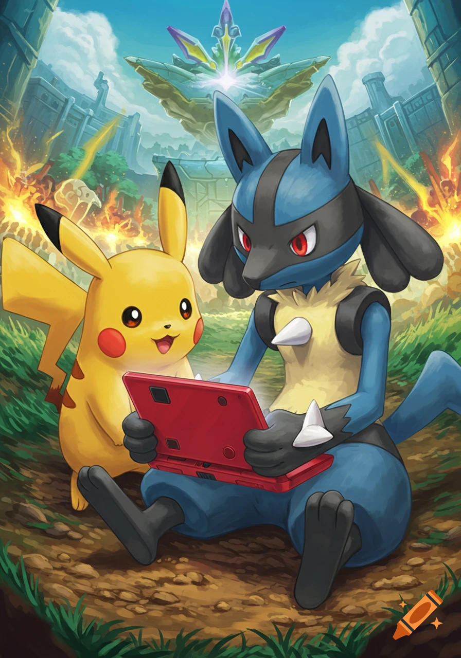 Pikachu and Lucario in official Pokémon artwork style. Lucario plays a red Nintendo DS while Pikachu watches, set in a detailed fantasy battlefield.