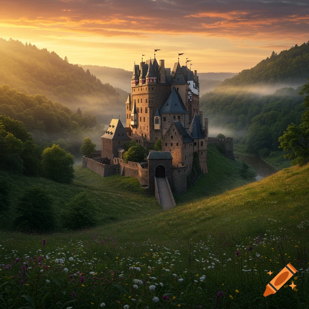 Majestic photorealistic castle in a misty, lush green valley bathed in golden sunrise light.