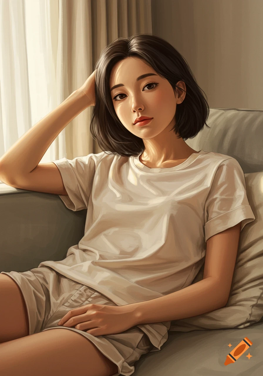 A digital art portrait of a young woman with short dark hair, wearing a white t-shirt and shorts, sitting on a sofa in a sunlit room.