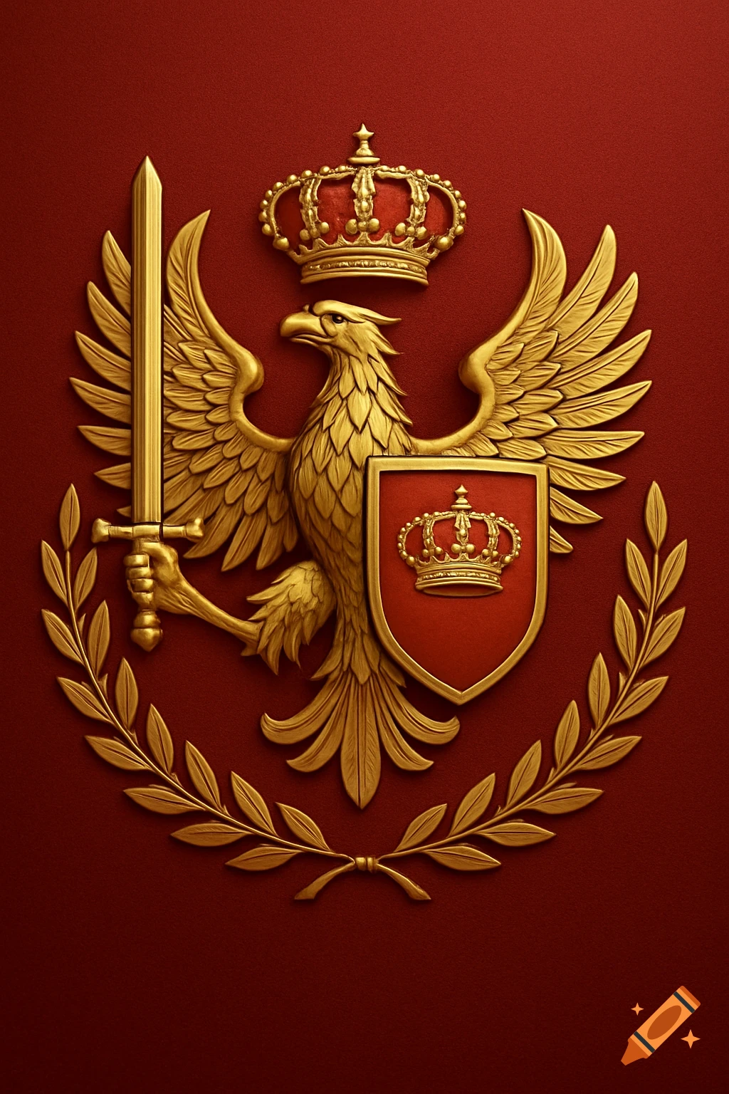 Golden eagle emblem holding a sword and shield, topped with a crown, encircled by a laurel wreath on a red background.