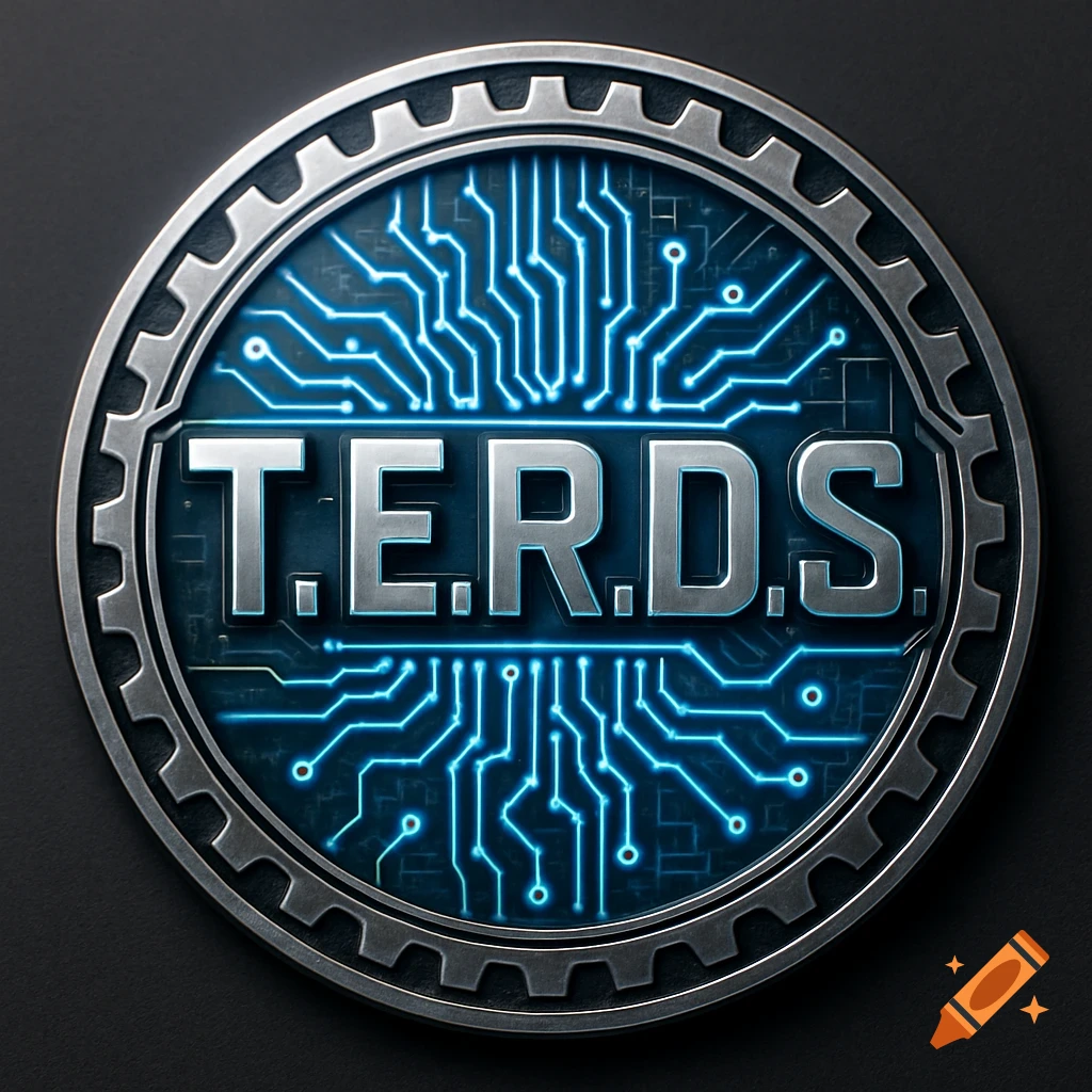 Metallic circular badge with glowing blue circuit board and silver letters 'T.E.R.D.S' on a dark background.