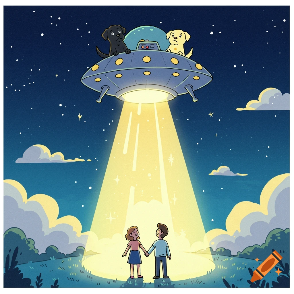 A cartoon UFO piloted by a black and yellow Labrador retriever beams light down on a man and woman holding hands in a grassy field at night.