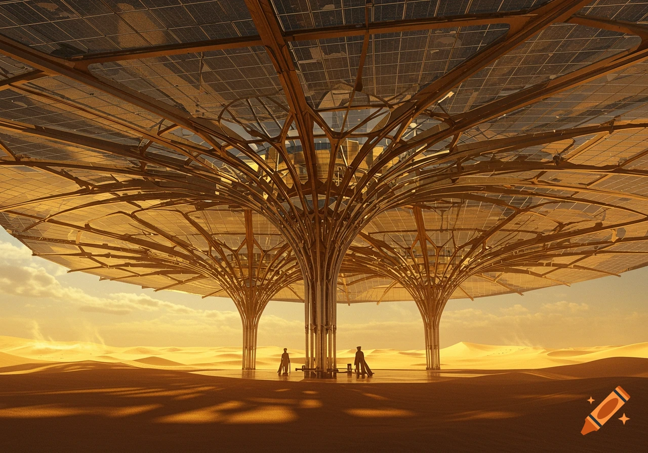 Futuristic solar panel tree structures shade two figures in a vast golden desert at sunset.