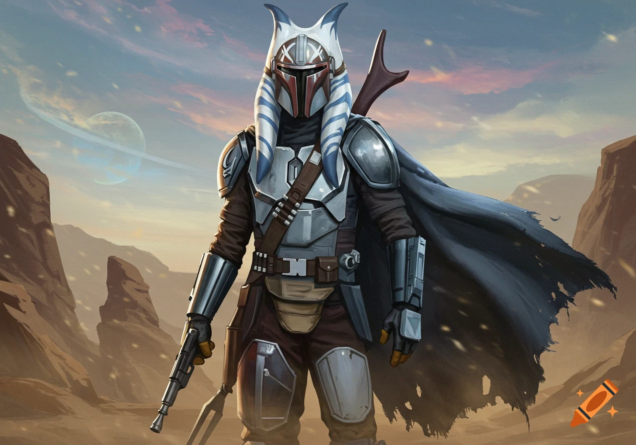 Togruta in white and blue Mandalorian armor, holding a rifle, stands on a desert planet with a ringed moon, illustration.