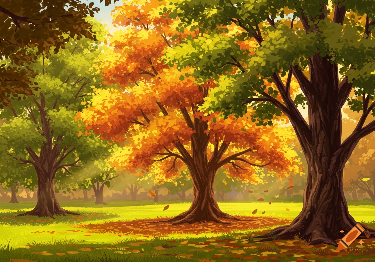 Illustrative depiction of a park with trees showcasing vibrant autumn foliage and fallen leaves on green grass.