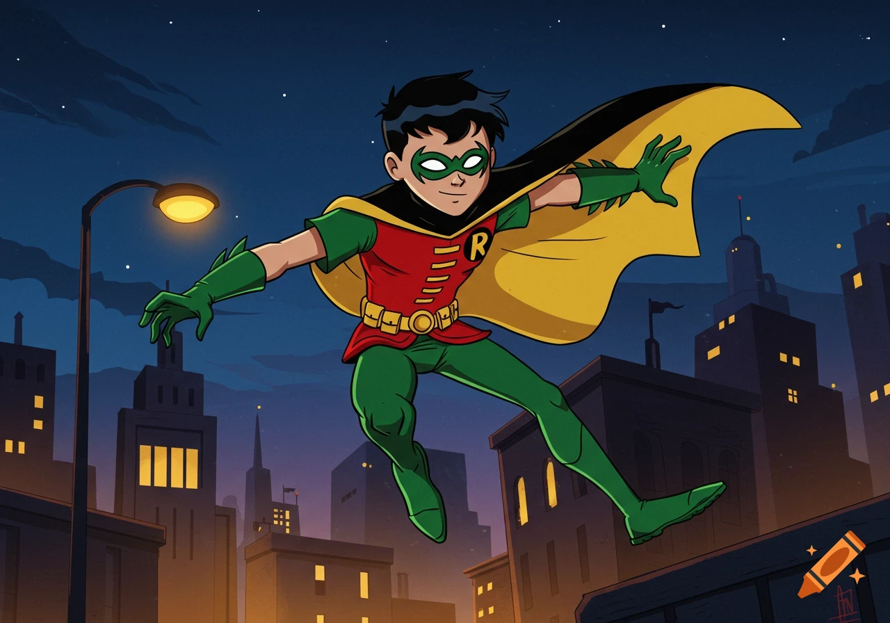 Cartoon Robin superhero flying over a city at night, with buildings and a street light visible below.