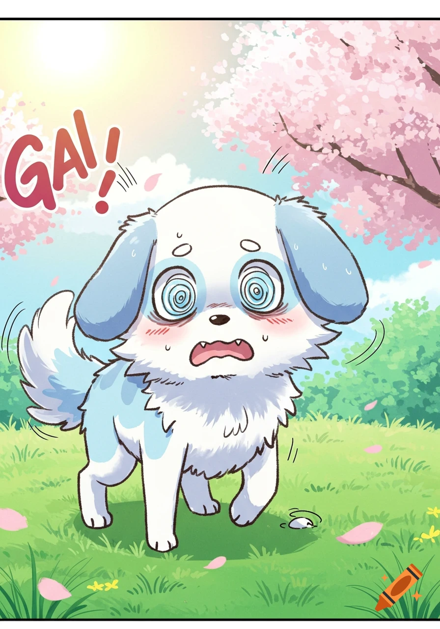 A distressed white and blue cartoon dog with swirling eyes looks like it's about to vomit in a cherry blossom field, with 'GA!' text.