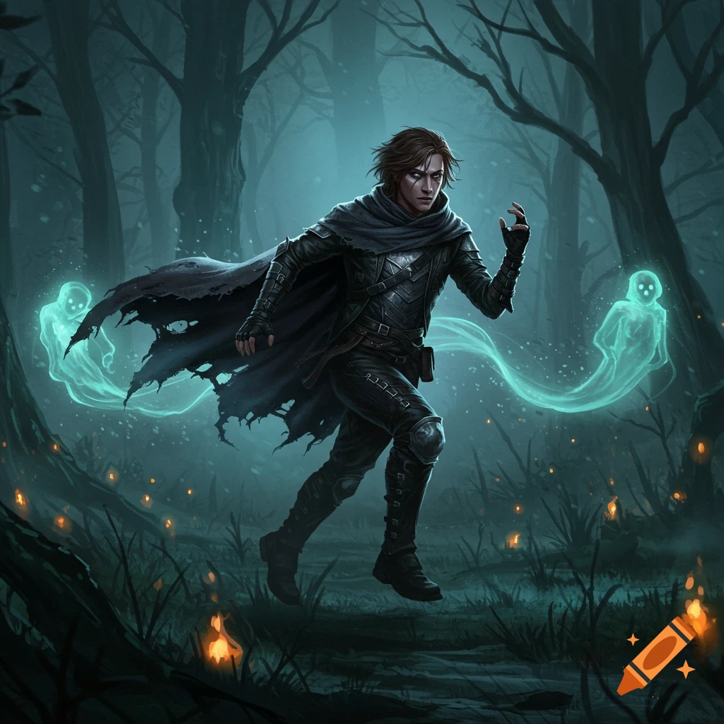 A cloaked person in black armor runs through a dark, misty forest with glowing green spirits trailing behind. Dark fantasy art style.