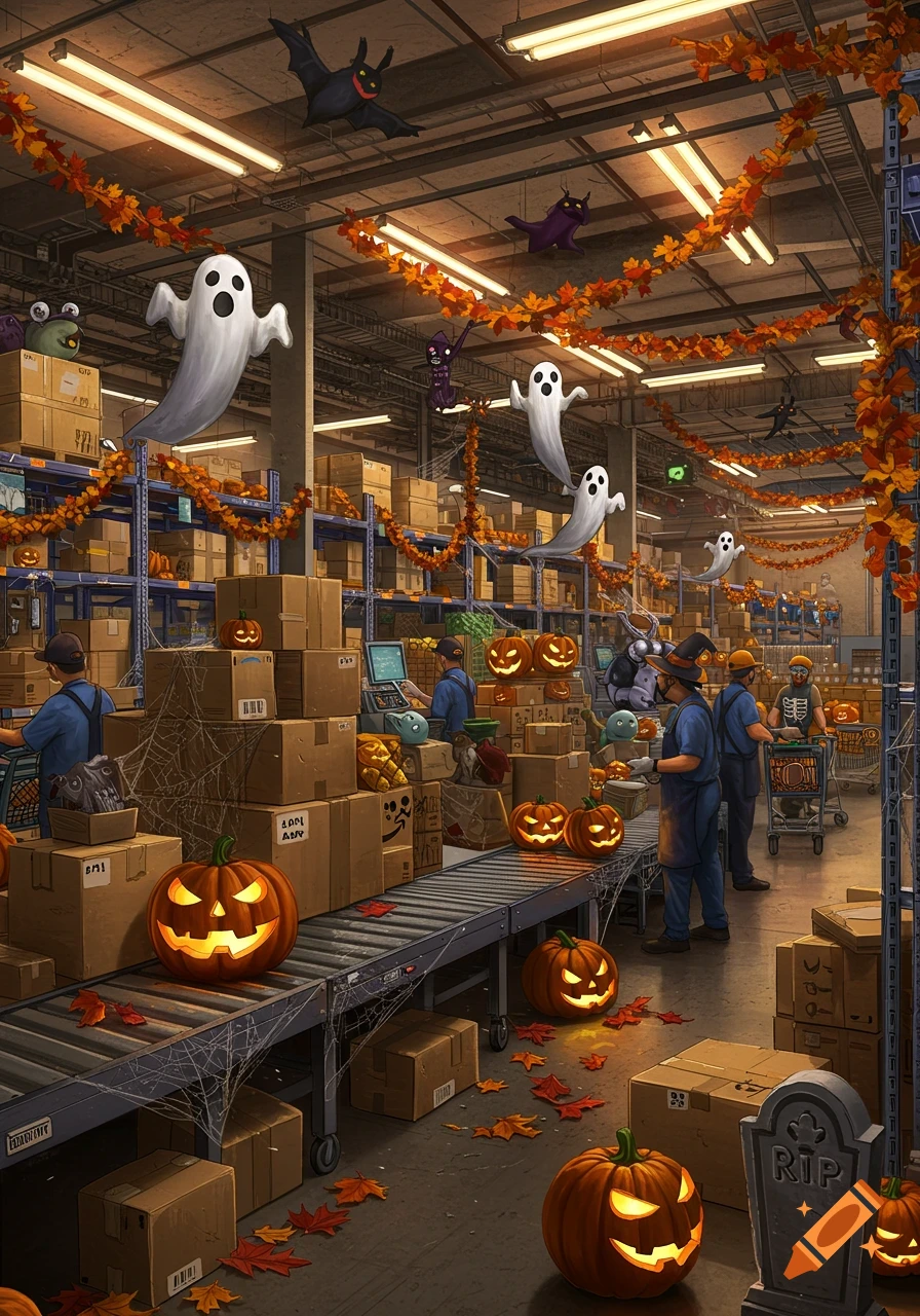 A Halloween-themed Amazon fulfillment center with festive decorations. Ghosts float among shelves packed with boxes, while employees in blue uniforms and witch hats work alongside conveyor belts and glowing jack-o'-lanterns. Fall leaves and spiderwebs adorn the industrial setting.