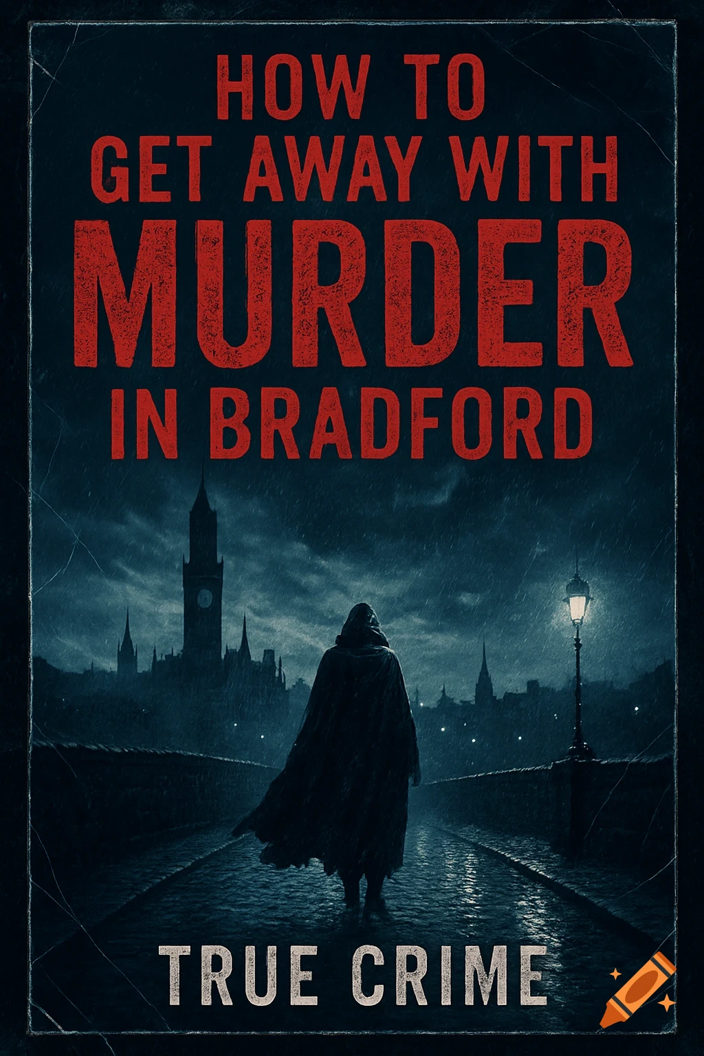 Dark book cover for 'How to Get Away with Murder in Bradford' showing a hooded figure on a rainy street with a city skyline at night. Text: 'TRUE CRIME'.