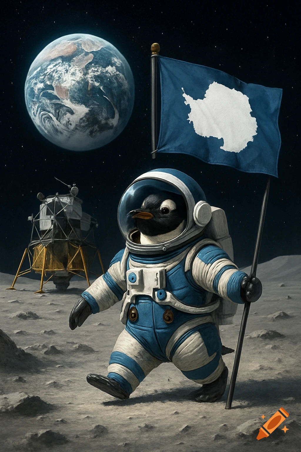 A photorealistic penguin astronaut walks on the moon, holding an Antarctic flag, with Earth and a lunar lander in the background.