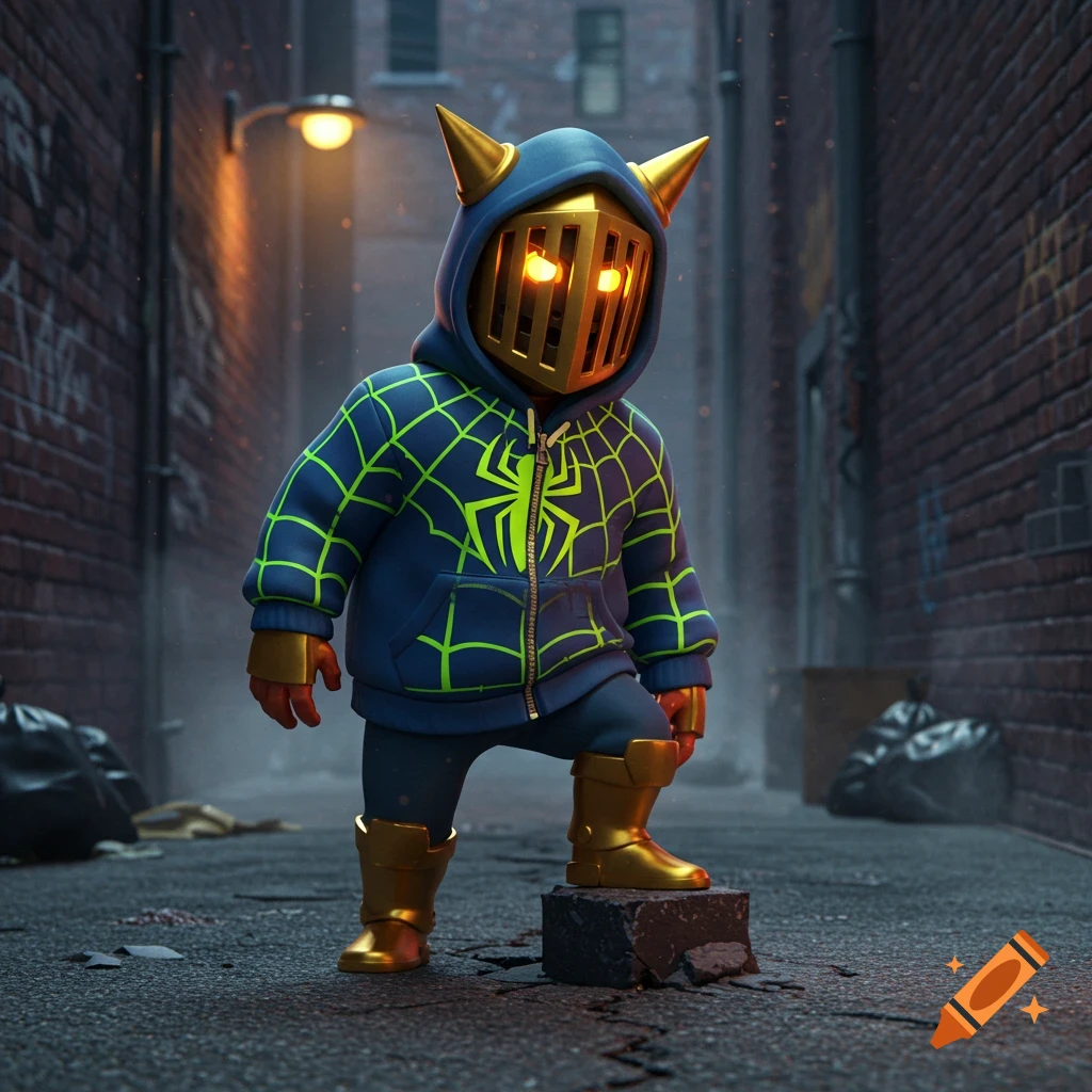 A stylized character wearing a golden knight helmet, blue Spider-Man hoodie, and golden boots stands in a dark, gritty alley.
