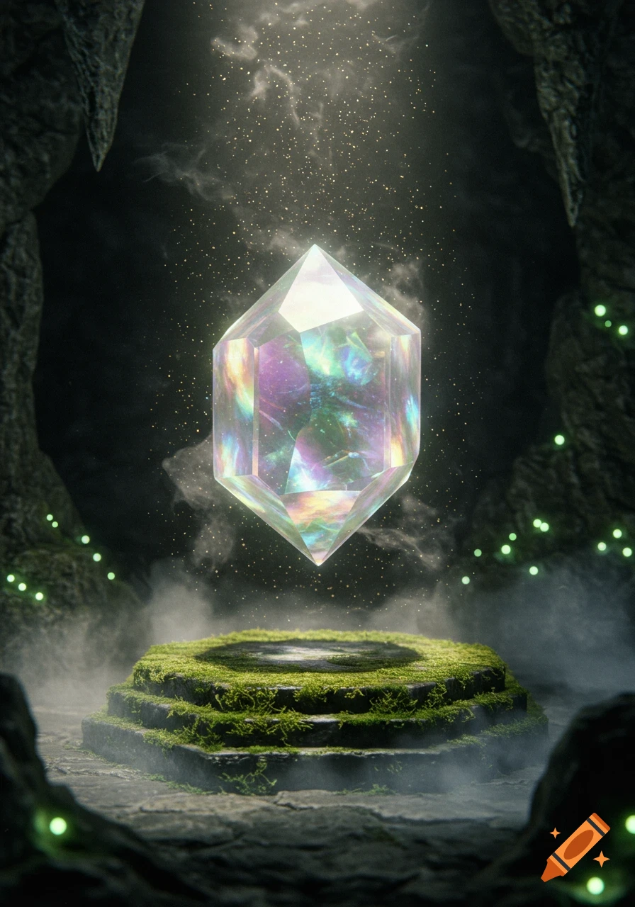 An iridescent, faceted crystal floats above a mossy altar in a dark, mystical cave with glowing green lights and sparkling particles.