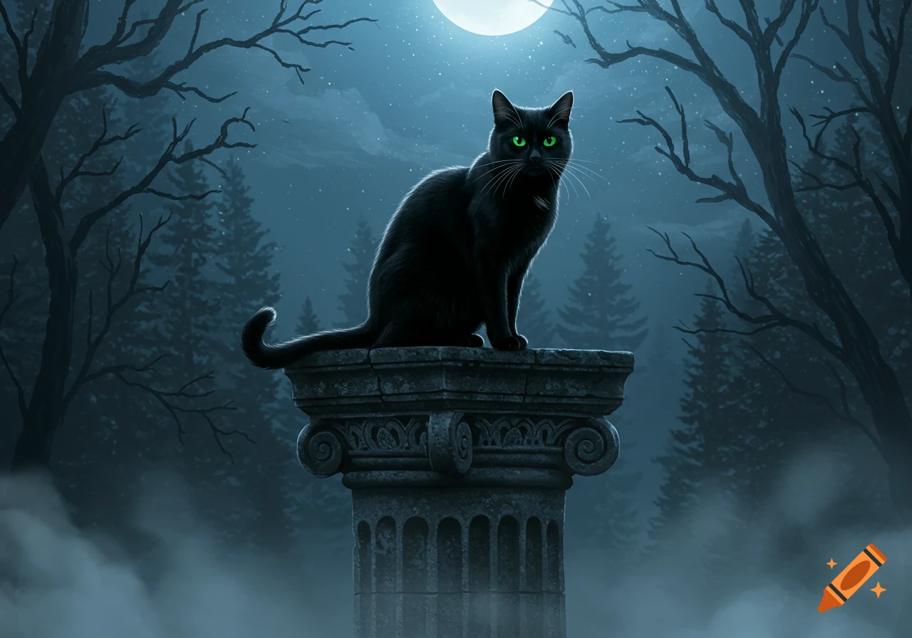 A black cat with glowing green eyes sits on an ornate stone pedestal in a misty, dark forest at night, under a full moon.