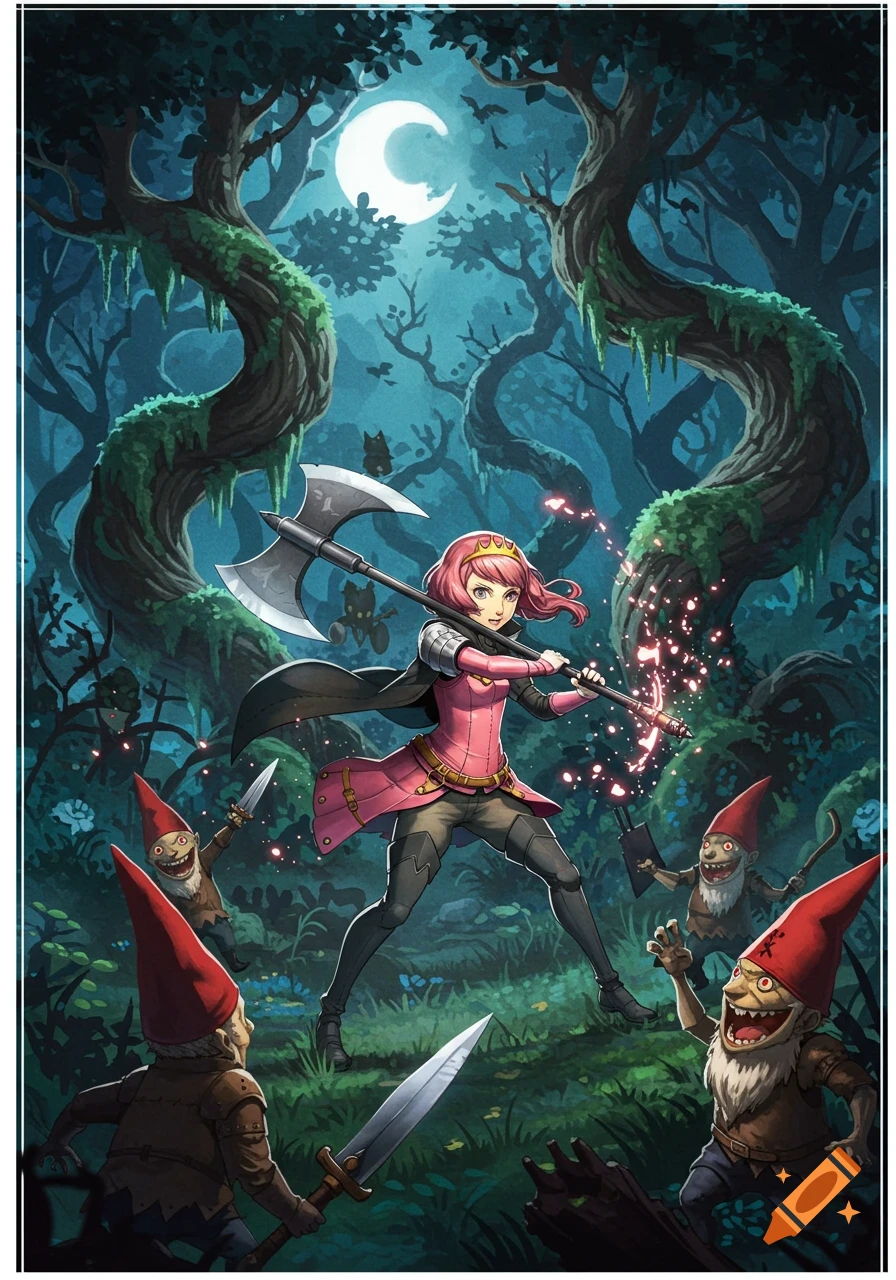 An anime girl with pink hair wields a sparkling axe against gnomes in a dark, enchanted forest under a crescent moon.
