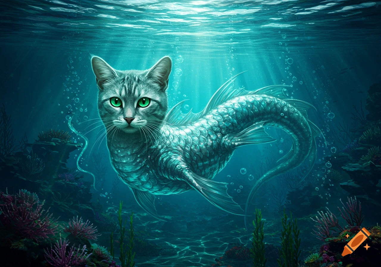 A grey tabby cat head with bright green eyes on a blue-green scaly fish body, swimming gracefully underwater amidst bubbles and colorful coral.