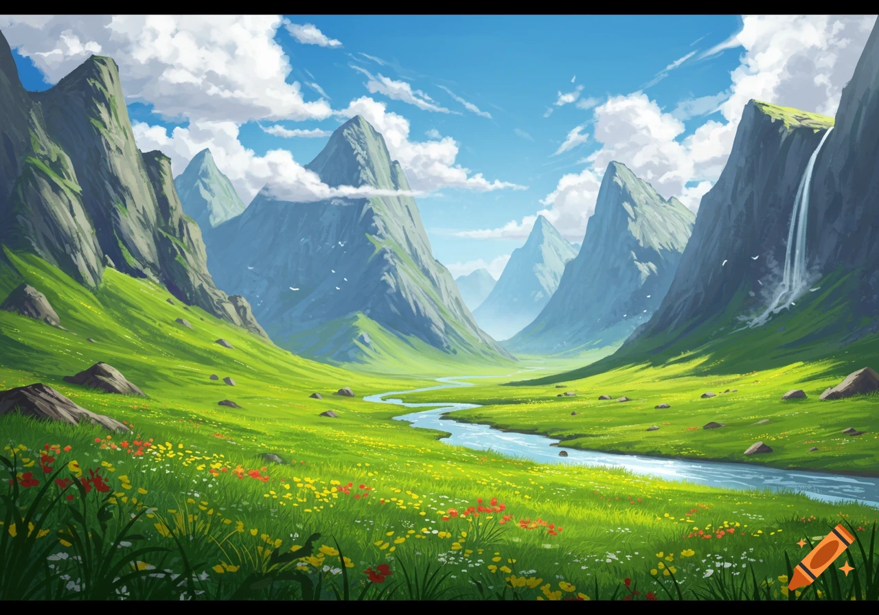 Vibrant digital painting of a mountain valley with a winding river, lush green meadows, and colorful wildflowers under a blue sky with clouds.