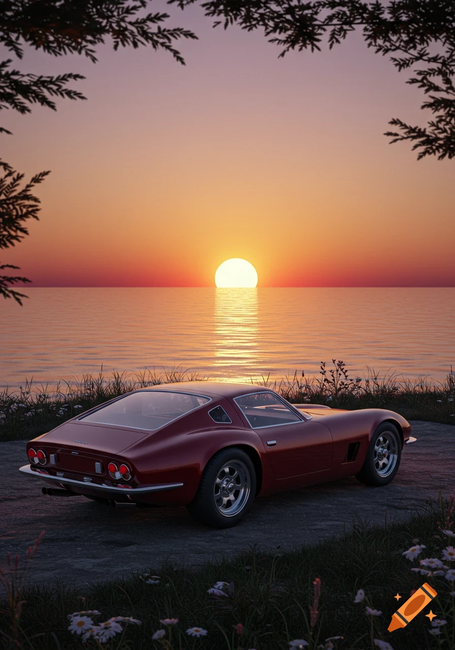 Photorealistic vintage red sports car parked by the sea at sunset, with golden reflections on the water.
